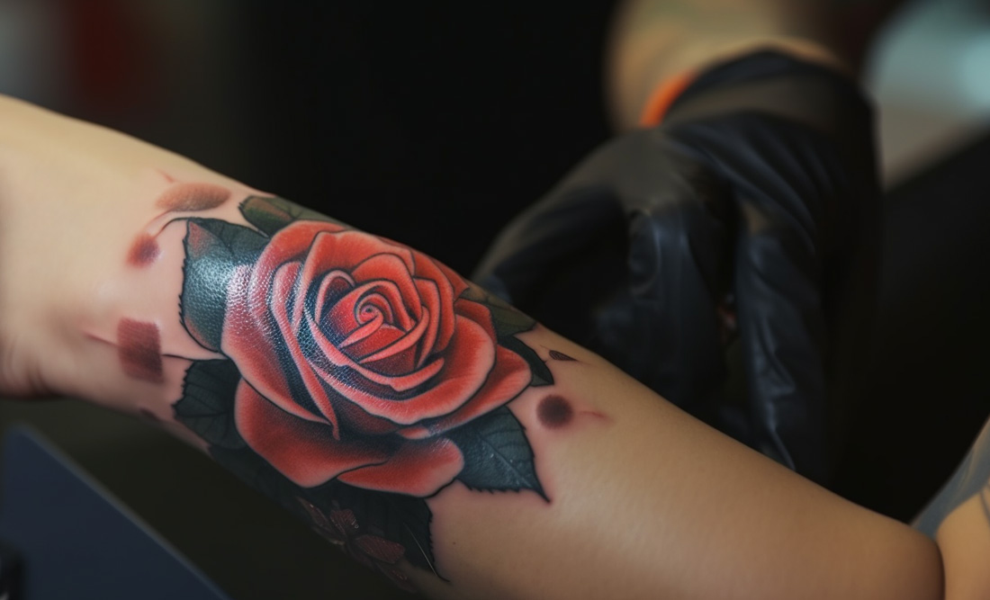 Realistic red roses 4 and a half hours and her first tattoo By Jess Parry  Tattoos UK  rtattoos