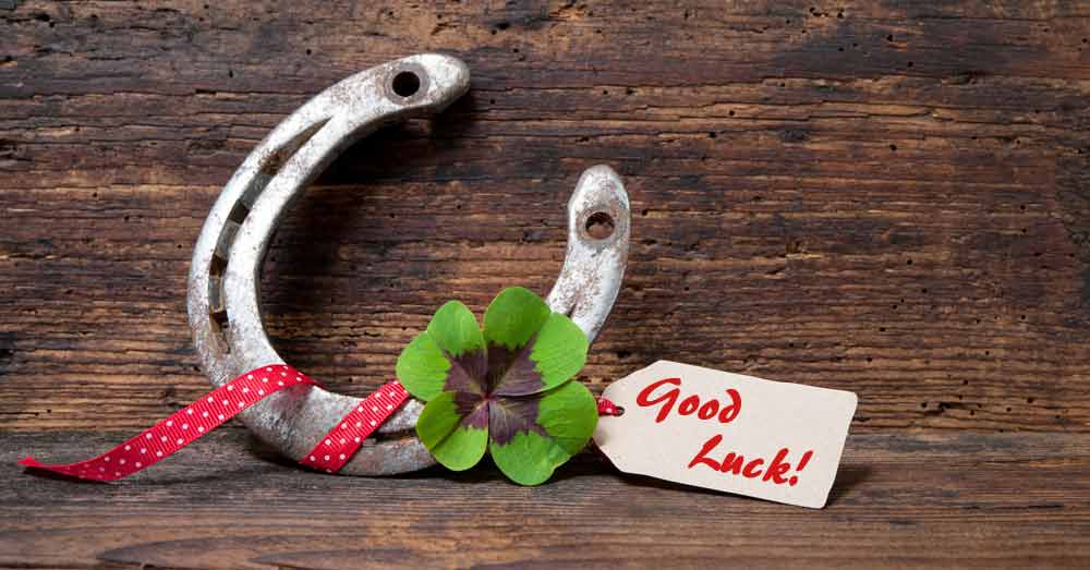  A horseshoe with a four-leaf clover and a tag with the words 'Good Luck!' written on it.