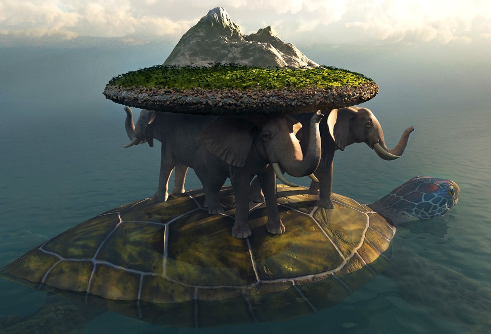 elephants riding a turtle and holding up a mountain