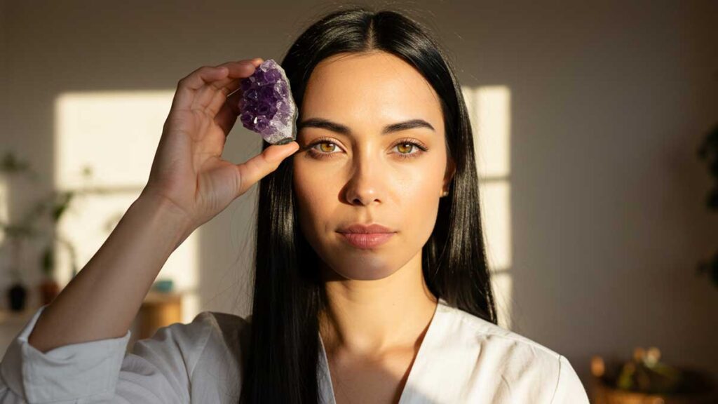 Crystals that help with focus: A woman holding an amethyst