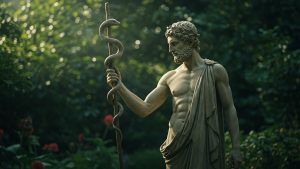 Greek Asclepius With His Snake Entwined Staff