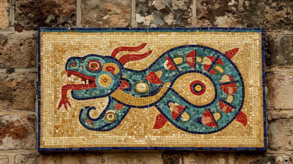 A mosaic of an Aztec Astrology Serpent Tonalli Meaning