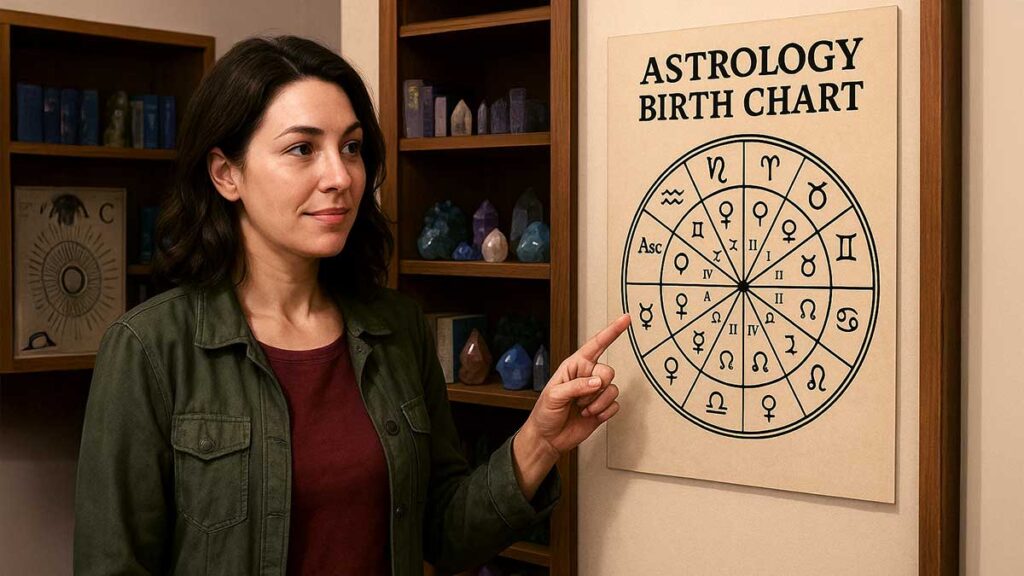 A woman learned how to find your rising sign on her birth chart in a New Age store