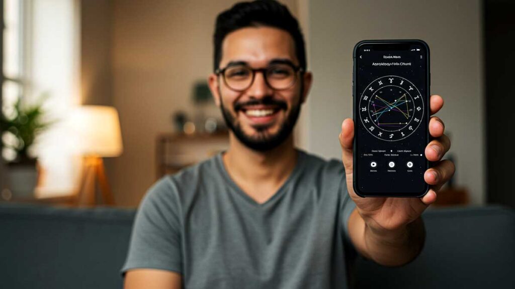 A happy man learned how to find your rising sign with a rising sign calculator on his phone