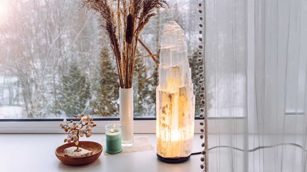 A beautiful crystal lamp providing spiritual benefits of selenite