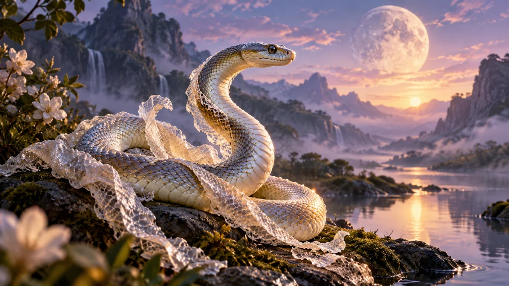 A white snake shedding under the moonlight